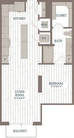 Floor plan for studio, 1 bath, 730 sqft